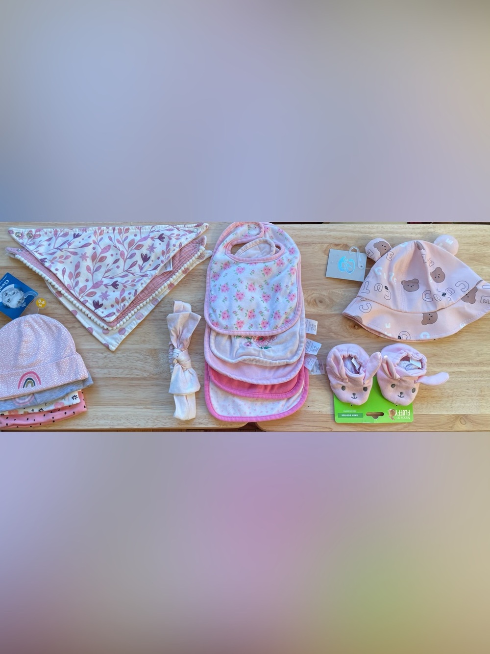 16 Pc Newborn Girl Bundle - 5 Caps, Hat, Headband, Booties, 8 Bibs NWOT/NWT